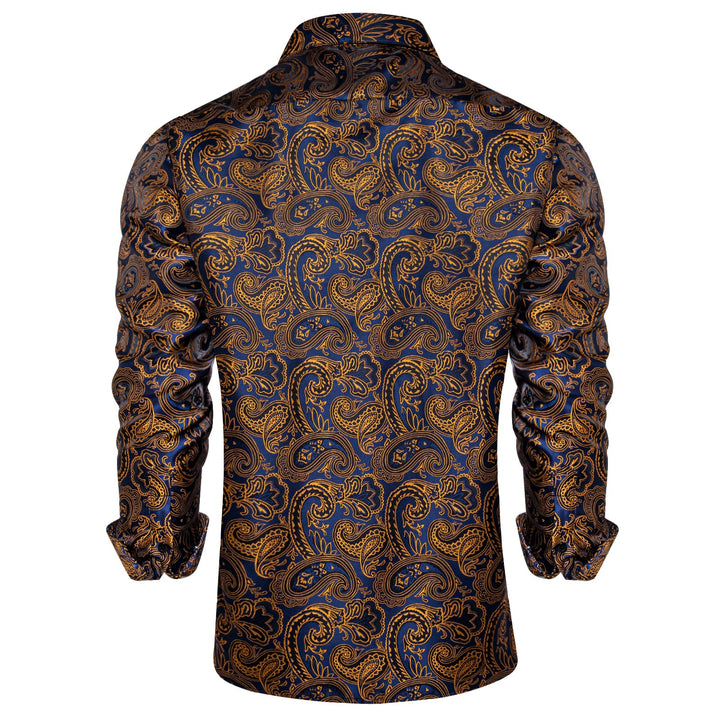 business dress suit shirt top gold navy blue paisley shirt for men