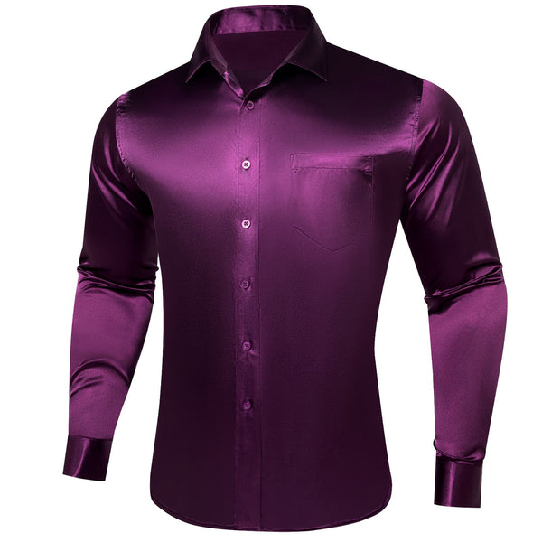 business classic high quality silk solid satin deep purple dress shirt for men