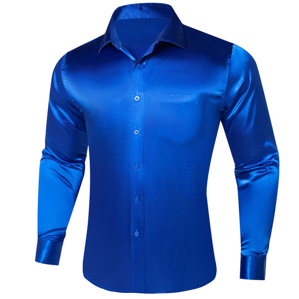 classic business solid sation silk blue dress shirt for men
