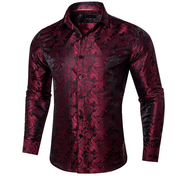 wedding button up long sleeve shirt Burgundy Red paisley silk men's shirt