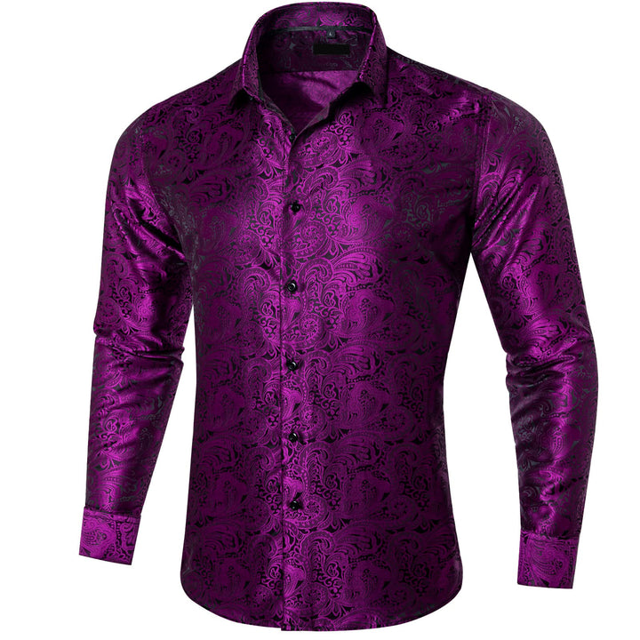 deep violet purple paisley button down men silk shirts