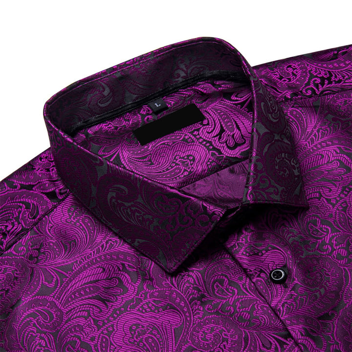 fashion business dress long sleeve dark purple floral mens silk button down shirt