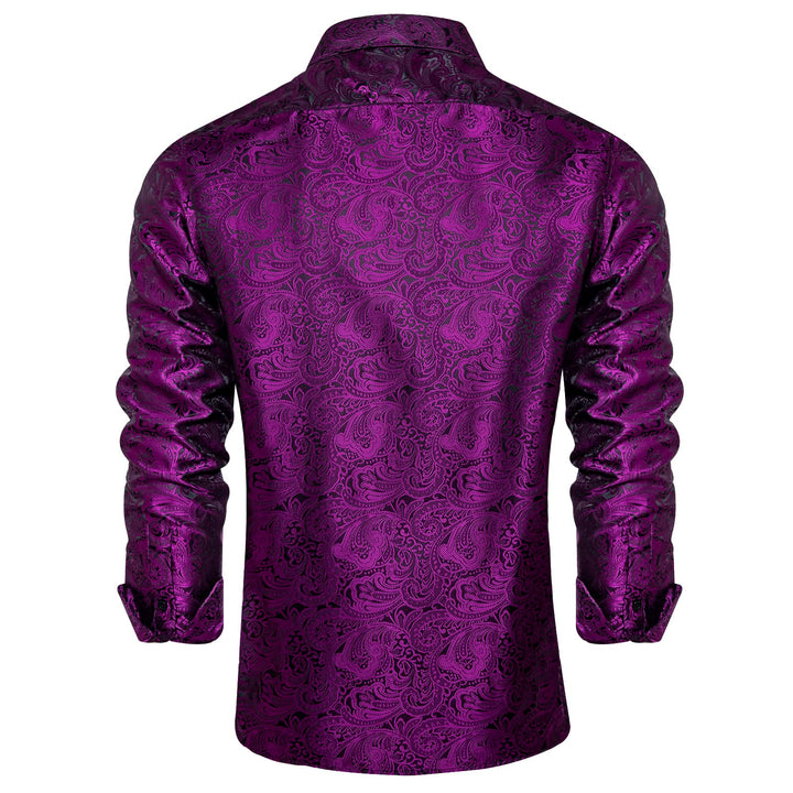 fashion business dress long sleeve dark purple floral mens silk button down shirt