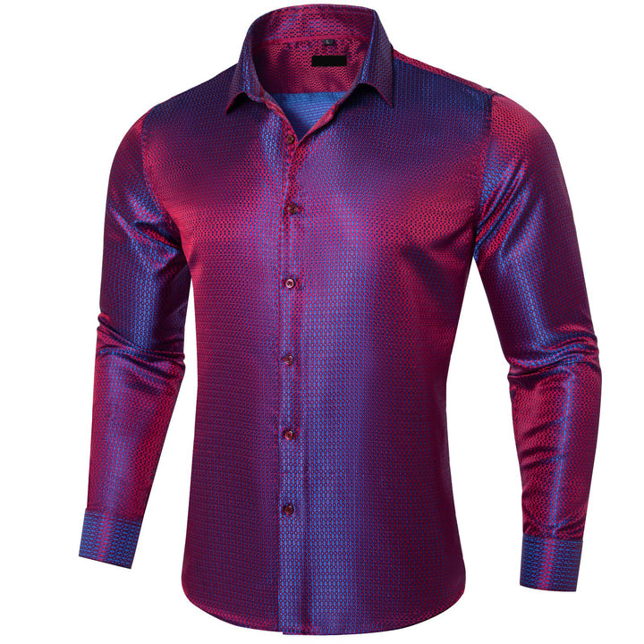 fashionable geometric button down silk mens purple blue silk shirt