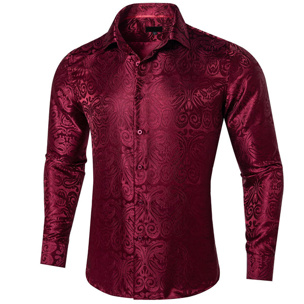 high quality silk mens button down Burgundy Red paisley dress shirt