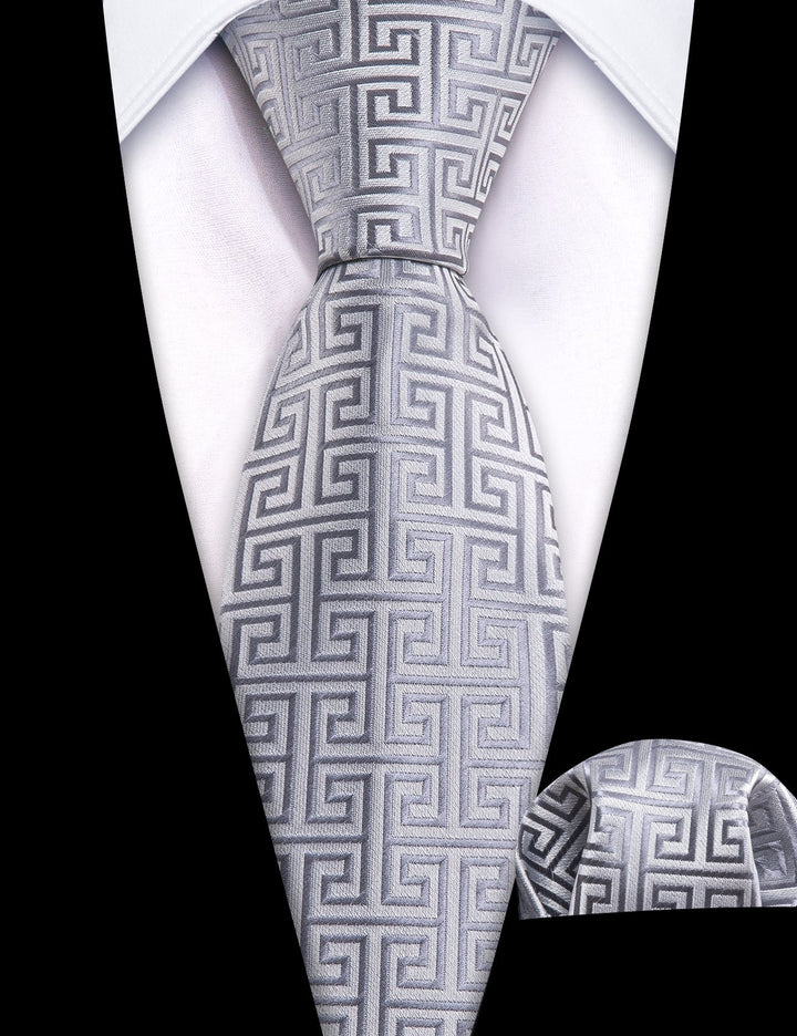 fashion novelty plaid high quality silk silver tie pocket square cufflinks set for mens suit