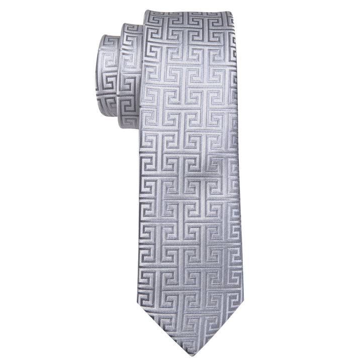 fashion novelty plaid high quality silk silver tie pocket square cufflinks set for mens suit