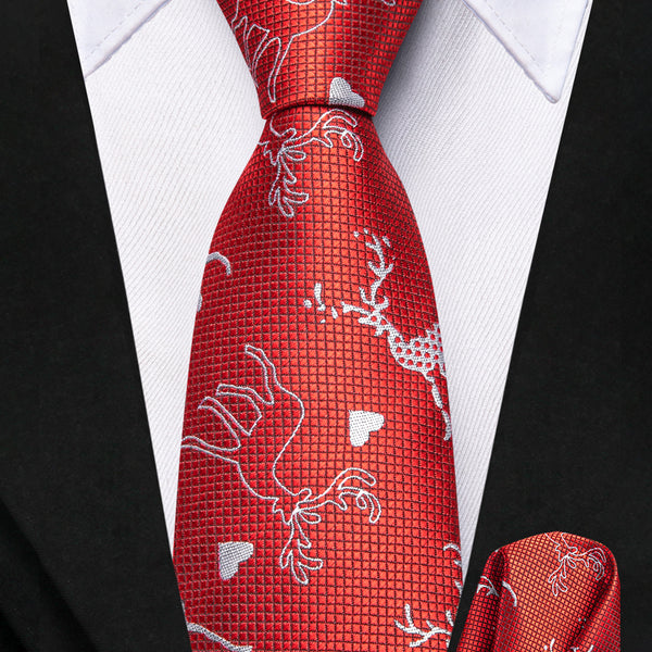 Red Christmas White Deer Silk Children's Necktie Pocket Square Set