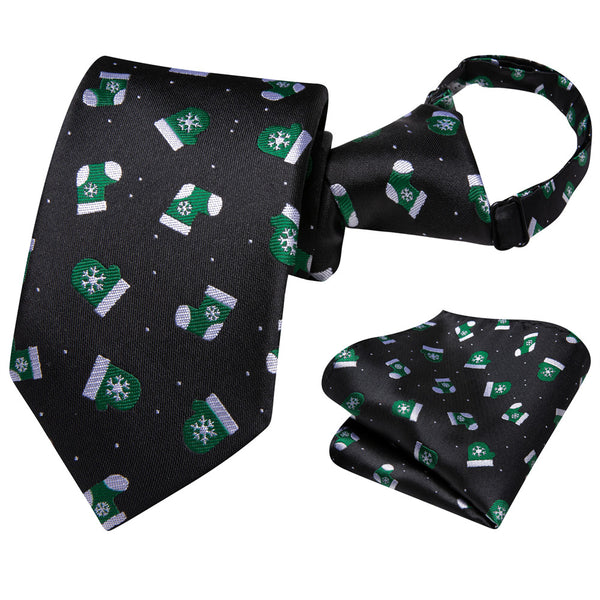 Ties2you Kid's Tie Black Green Christmas Children Pre-Tied Necktie Hanky Set