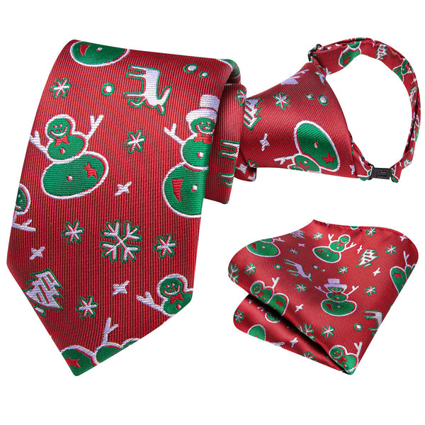 Ties2you Kids Tie Red Green Snowman Christmas Elements Children Pre-Tied Necktie Hanky Set