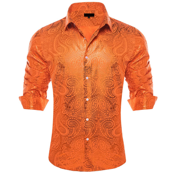 Ties2you Dress Shirt Bright Orange Paisley Hot Stamping Long Sleeve Mens Shirt