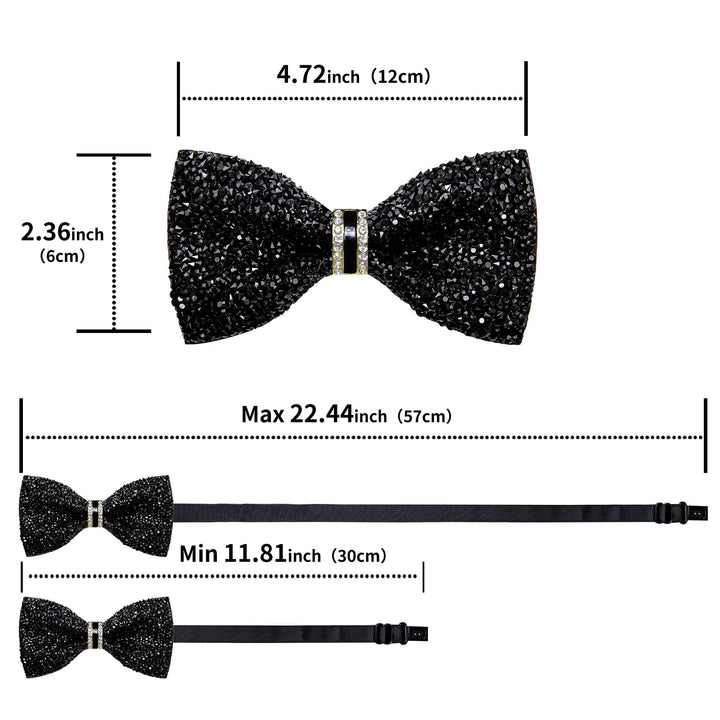 Luxurious Exquisite Classic Black Imitated Crystal Rhinestone Party Dress Suit Bow Ties -Pre Tied Sequin Adjustable Length Bowties for Mens