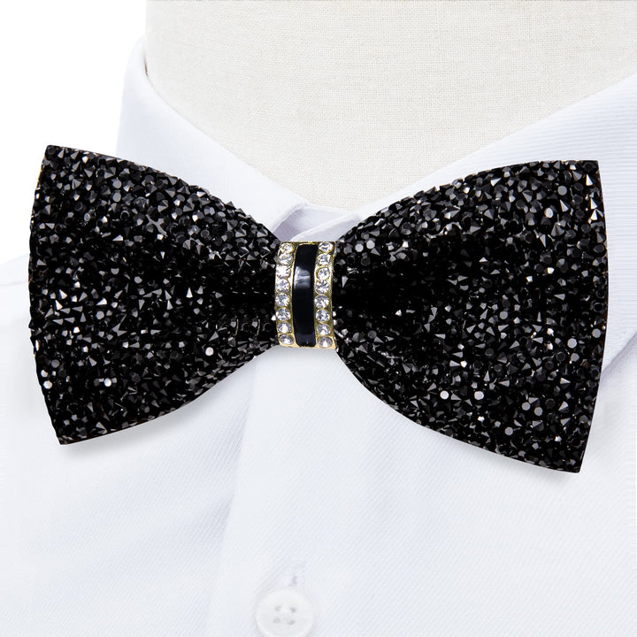 Luxurious Exquisite Classic Black Imitated Crystal Rhinestone Party Dress Suit Bow Ties -Pre Tied Sequin Adjustable Length Bowties for Mens