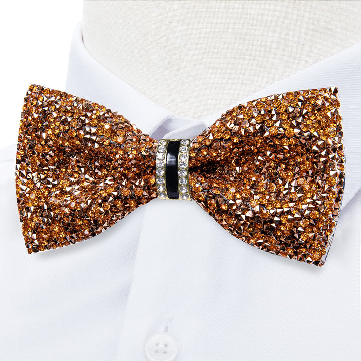 Luxurious Exquisite Golden Imitated Crystal Rhinestone Bow Ties -Pre Tied Sequin Adjustable Length Bowties for Mens Wedding Party Dress Suit