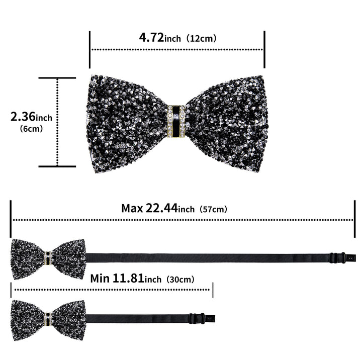 Classic Black Silver Imitated Rhinestone Bow Ties for Men -Pre Tied Sequin Adjustable Length Bowties for Wedding Party