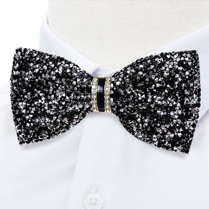 Classic Black Silver Imitated Rhinestone Bow Ties for Men -Pre Tied Sequin Adjustable Length Bowties for Wedding Party