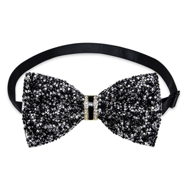 Classic Black Silver Imitated Rhinestone Bow Ties for Men -Pre Tied Sequin Adjustable Length Bowties for Wedding Party