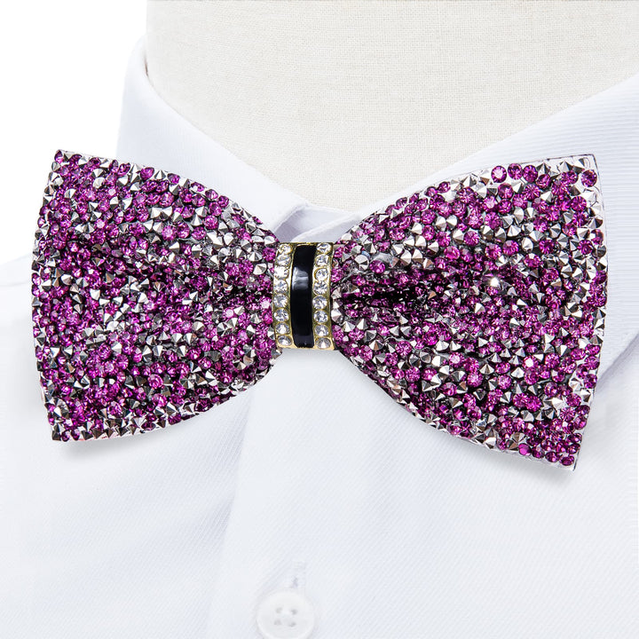 Fashion Deep Purple Silver Imitated Rhinestone Bow Ties for Men -Pre Tied Sequin Adjustable Length Groom Bowties for Wedding Party Dress Suit