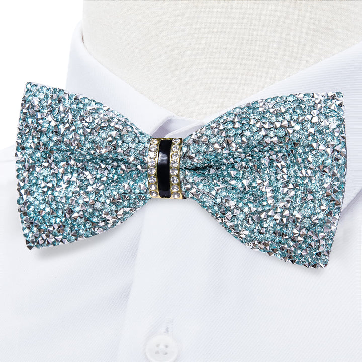 Light Blue Silver Imitated Rhinestone Bow Ties for Men -Pre Tied Sequin Bowties Men with Adjustable Length for Wedding Party