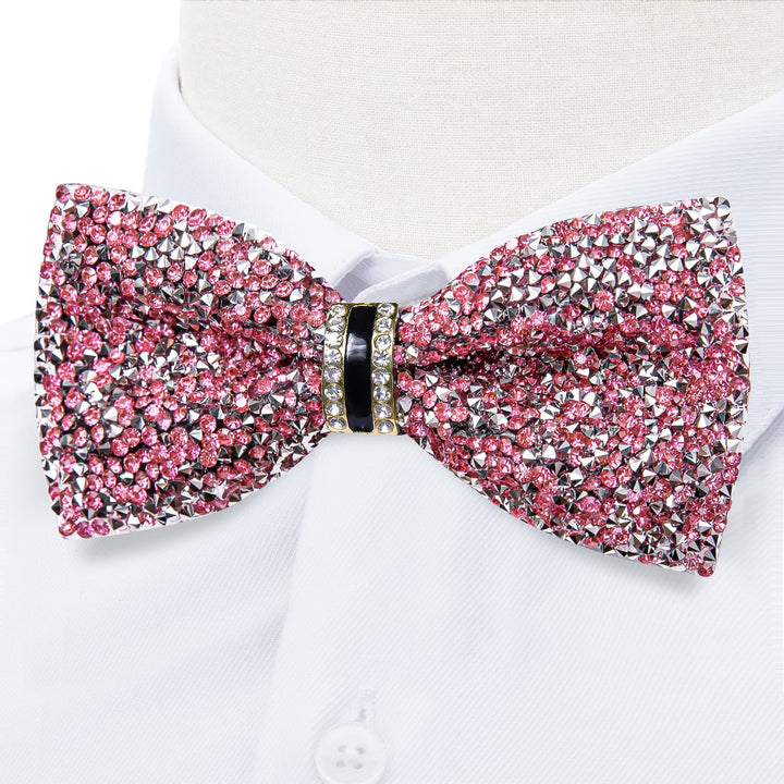 Pink Silver Imitated Rhinestone Bow Ties for Men -Pre Tied Sequin Bowties Men with Adjustable Length for Wedding Party