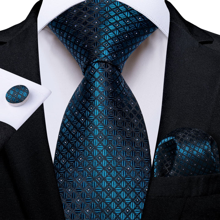 Teal blue plaid silk mens dress suit tie pocket square cufflinks set for business