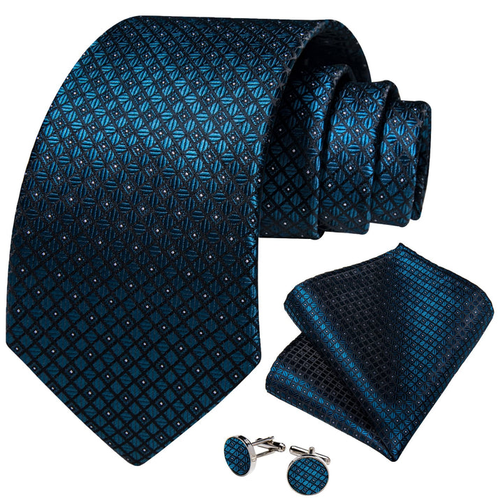 Teal blue plaid silk mens dress suit tie pocket square cufflinks set for business