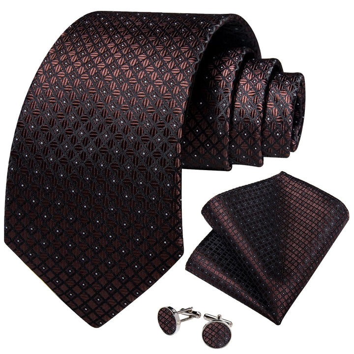 deep brown plaid mens silk dress ties pocket square cufflinks set