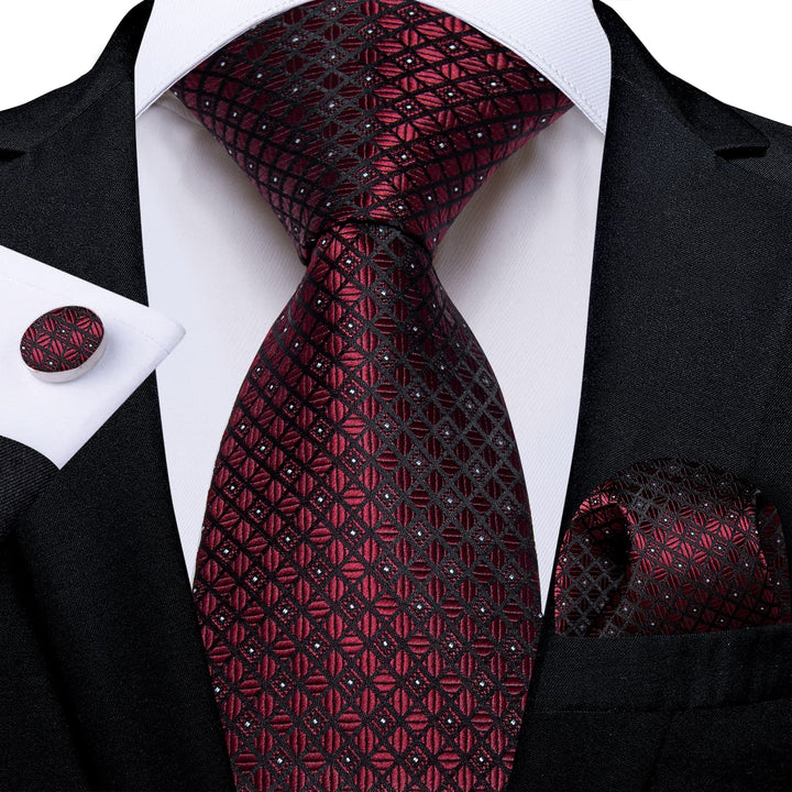 Burgundy Red plaid mens silk ties pocket square cufflinks set