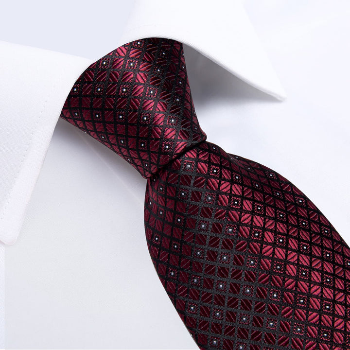 Burgundy Red plaid mens silk ties pocket square cufflinks set