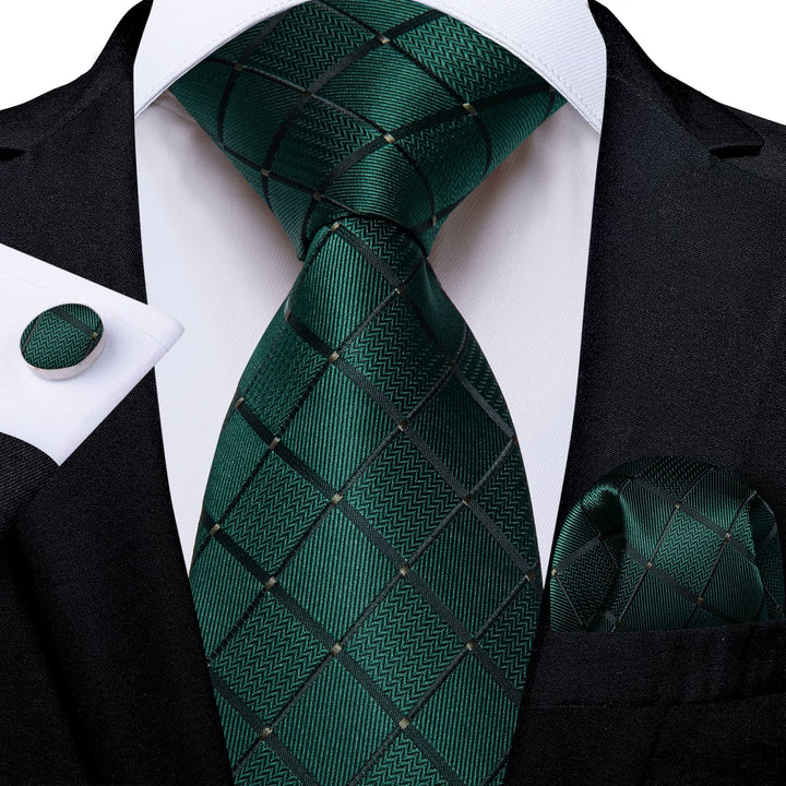 Sapphire Pine Green plaid mens silk business tie hanky cufflinks set