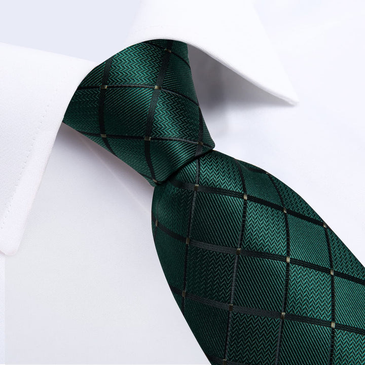 Sapphire Pine Green plaid mens silk business tie hanky cufflinks set