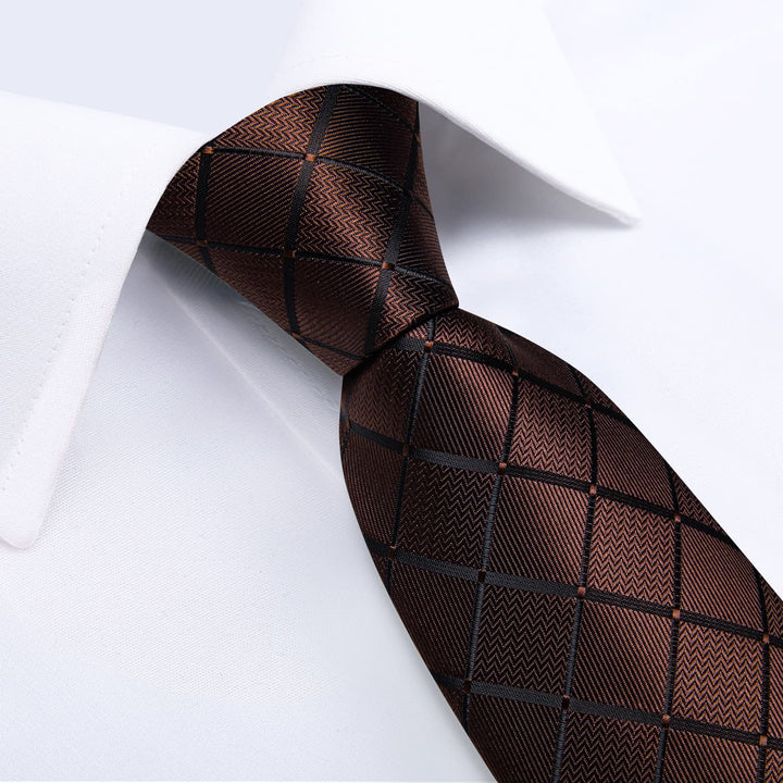 Formal Ties Deep Brown Plaid Silk Mens Tie Handkerchief Cufflinks Set for Tuxedo Dress