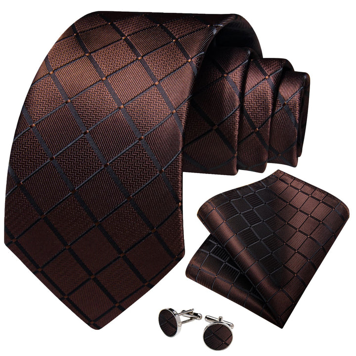 Formal Ties Deep Brown Plaid Silk Mens Tie Handkerchief Cufflinks Set for Tuxedo Dress