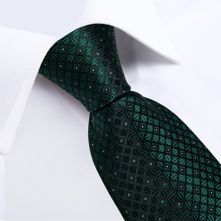 dark green plaid silk mens suit tie pocket square cufflinks set for business Tuxedo dress