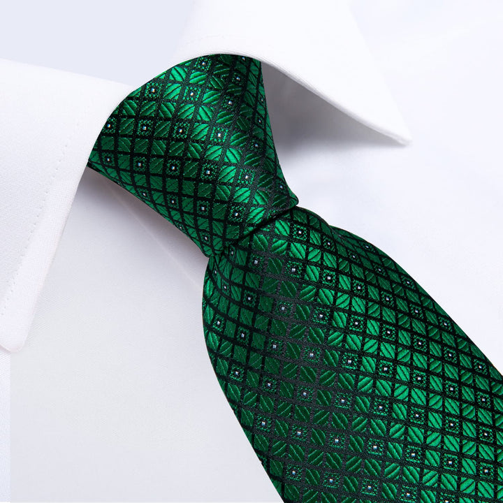 silk plaid Emerald Green tie pocket square cufflinks set for office mens suit