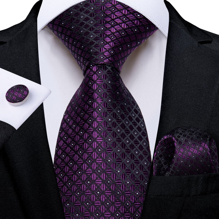 plaid dark purple tie handkerchief cufflinks set for mens suit dress