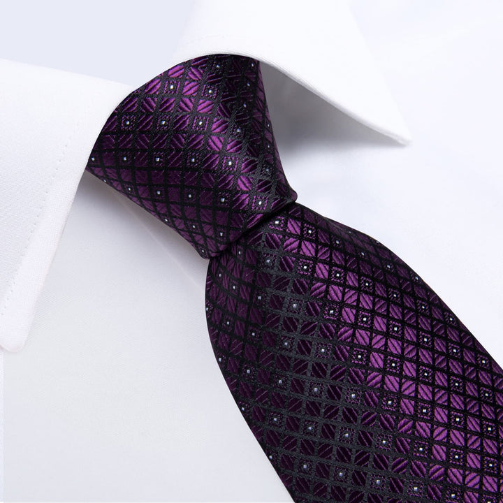 plaid dark purple tie handkerchief cufflinks set for mens suit dress