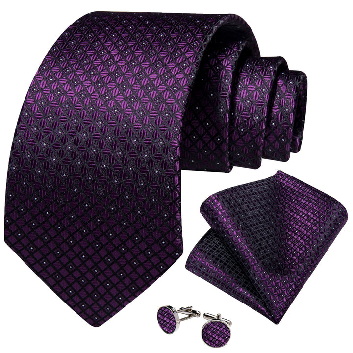 plaid dark purple tie handkerchief cufflinks set for mens suit dress