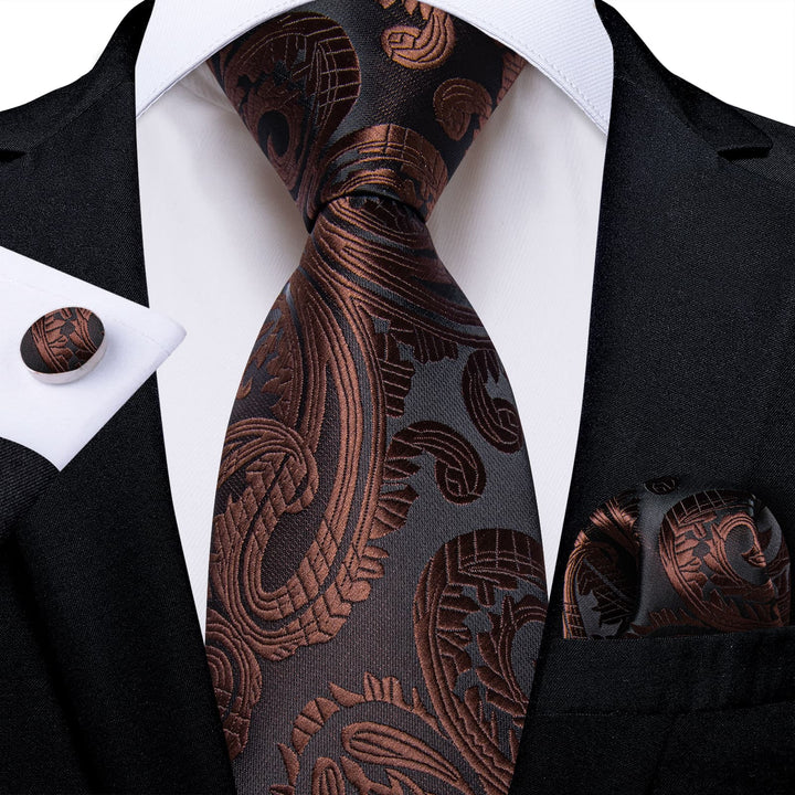 deep brown paisley mens silk office business ties pocket square cufflinks set