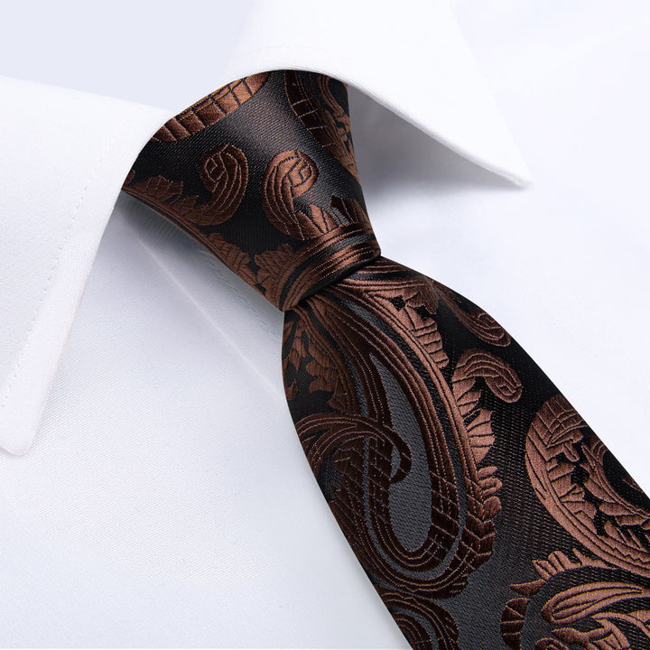 deep brown paisley mens silk office business ties pocket square cufflinks set