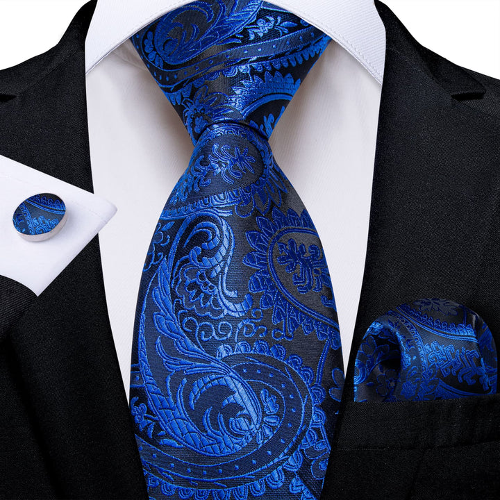 silk mens azure blue paisley ties handkerchief cufflinks set for suit dress