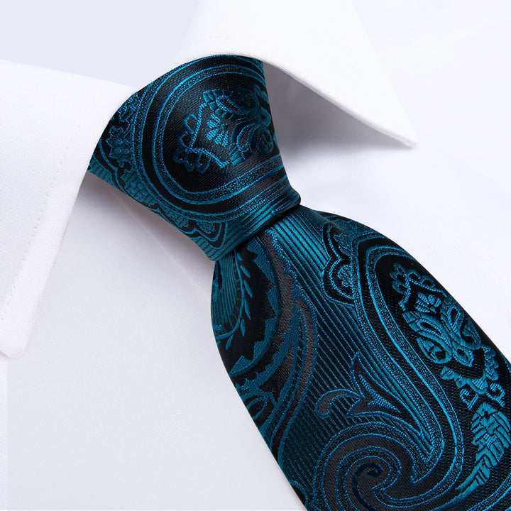 Dark Cyan paisley mens silk ties handkerchief cufflinks set for business office