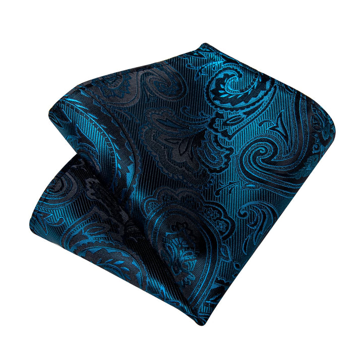 Dark Cyan paisley mens silk ties handkerchief cufflinks set for business office