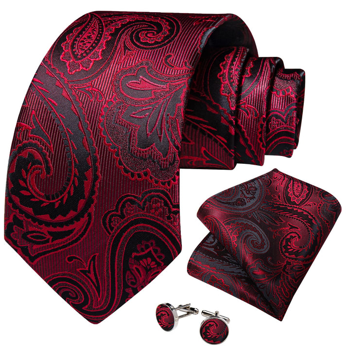 Fire Brick red paisley mens silk wedding ties pocket square cufflinks set