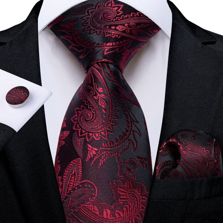 Burgundy Red paisley silk mens wedding ties handkerchief cufflinks set for suit dress