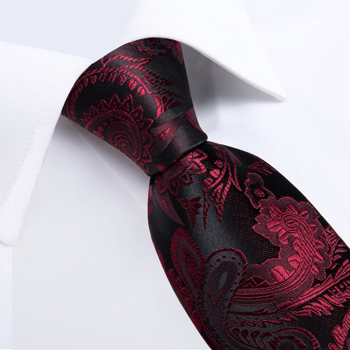 Burgundy Red paisley silk mens wedding ties handkerchief cufflinks set for suit dress