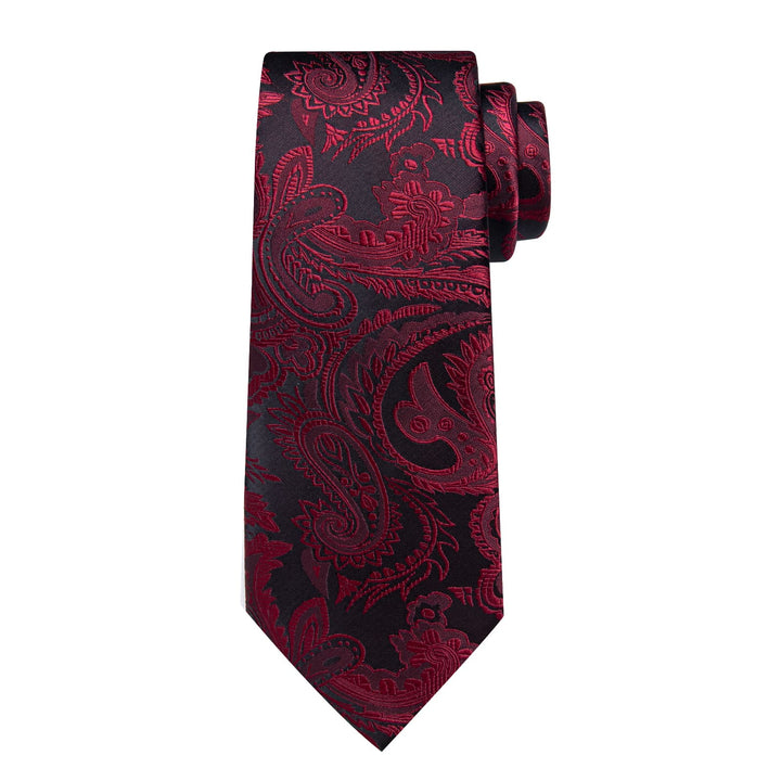 Burgundy Red paisley silk mens wedding ties handkerchief cufflinks set for suit dress