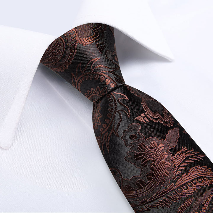 Formal Ties Pecan Brown Paisley Silk Mens Tie Hanky Cufflinks Set for Tuxedo Dress Suit