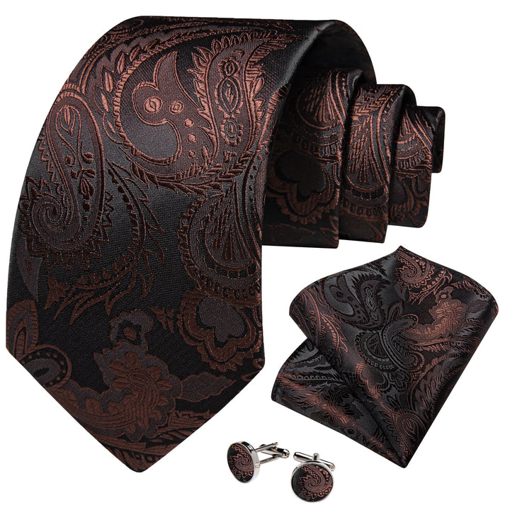 Formal Ties Pecan Brown Paisley Silk Mens Tie Hanky Cufflinks Set for Tuxedo Dress Suit