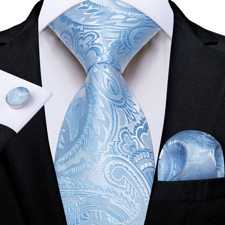 fashion sky blue paisley silk mens floral tie pocket square cufflinks set for black suit and white shirt